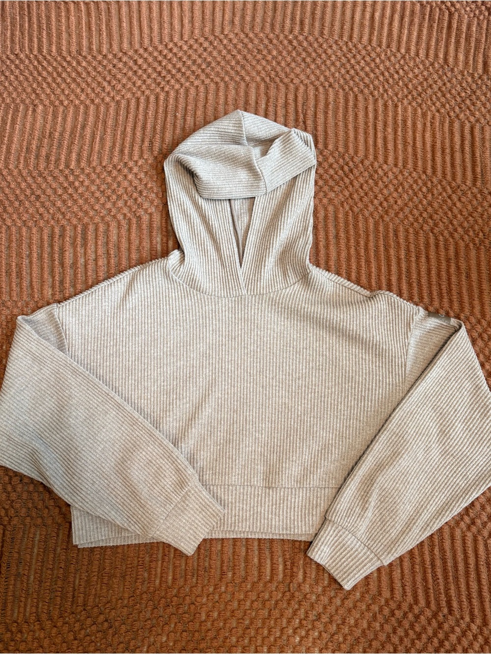 ALO Yoga Neutral Cropped Hooded Ribbed Sweater in Light Beige